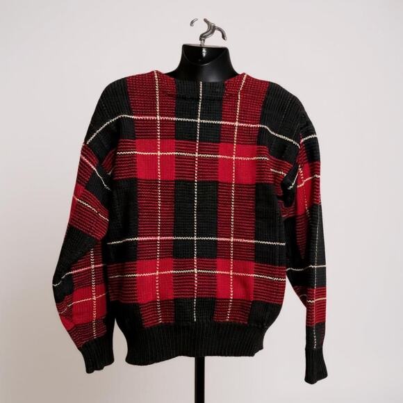 Club Room Other - Club Room Sweater Adult Medium Red Black Tartan Plaid Wool Heavy Weight Knit EUC